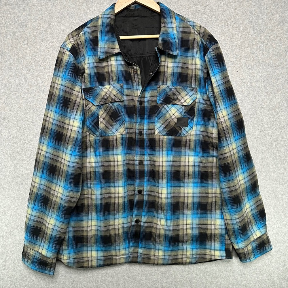 Oakley‎ Reversible Shirt Jacket Mens XL Blue Plaid Flannel Black Quilted Puffer